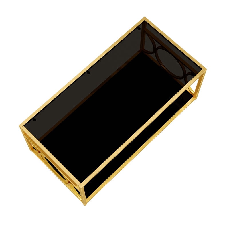 Glass Top Coffee End Table with Gold Metal Frame, Rectangular 2-Tier Storage Center Cocktail Table with Open Storage Shelf