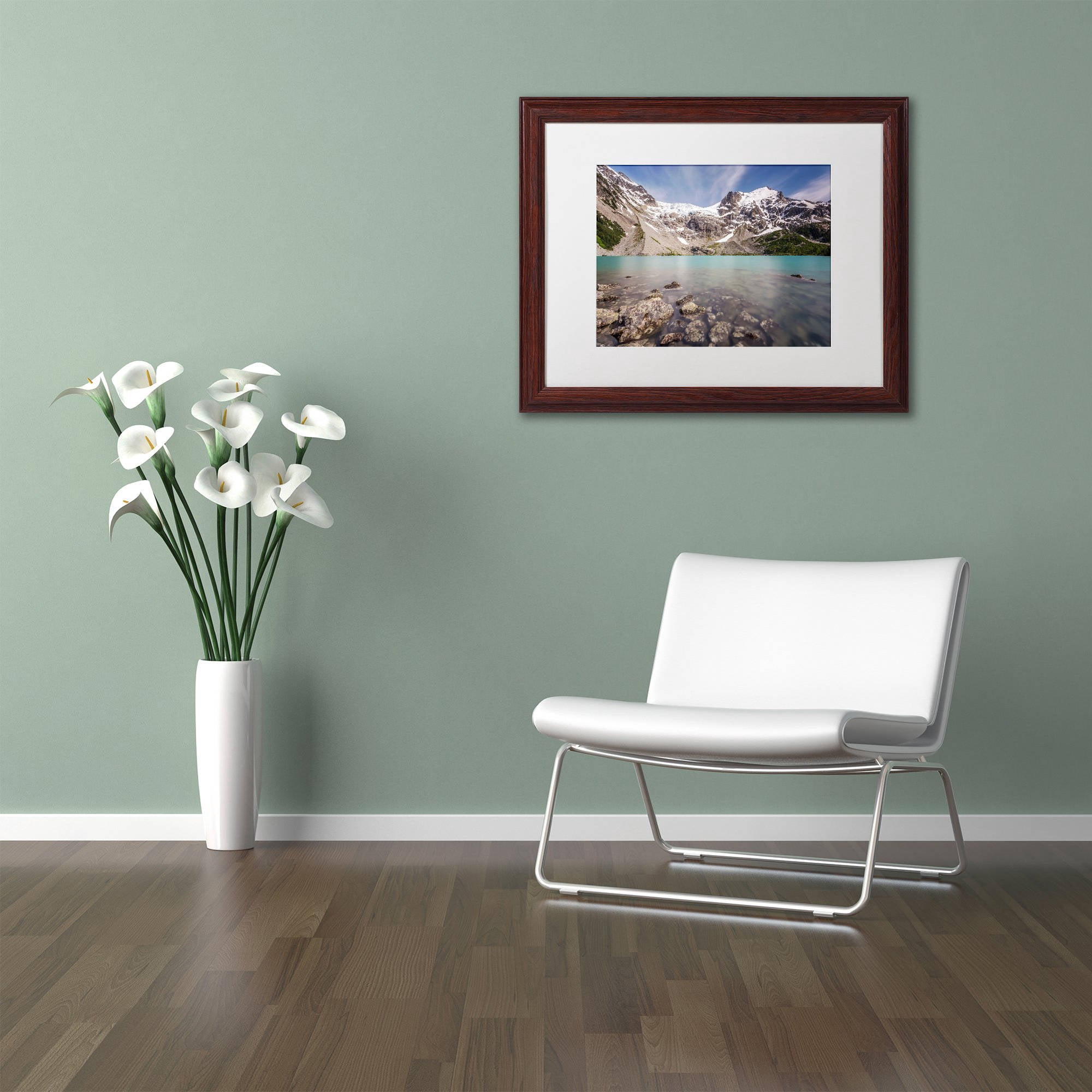 Trademark Fine Art 'Turquoise Blue Lake' Canvas Art by Pierre Leclerc, White Matte, Wood Frame