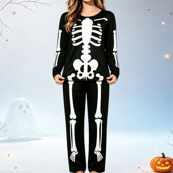 FchengtaiS Halloween Pajama Sets Women Skeleton Printed Costume 2 Piece Matching Set