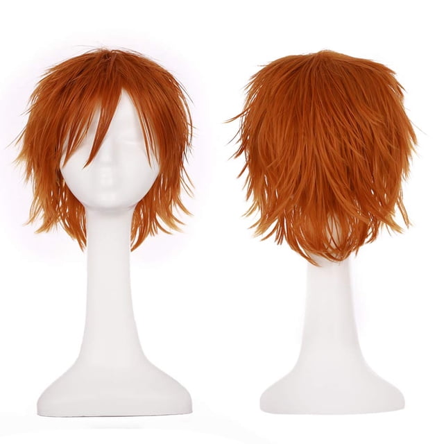 Pelucas cortas y esponjosas de anime para mujeres y hombres, 21 colores, pelucas cómicas unisex puntiagudas con flequillo oblicuo para fiesta de disfraces de Halloween Cosplay (naranja oscuro)