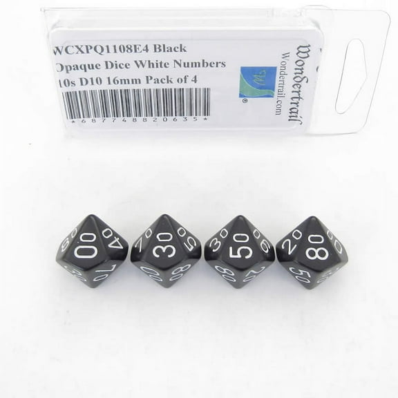 Black Opaque Dice with White Numbers 10s D10 Aprox 16mm (5/8in) Pack of 4 Wondertrail
