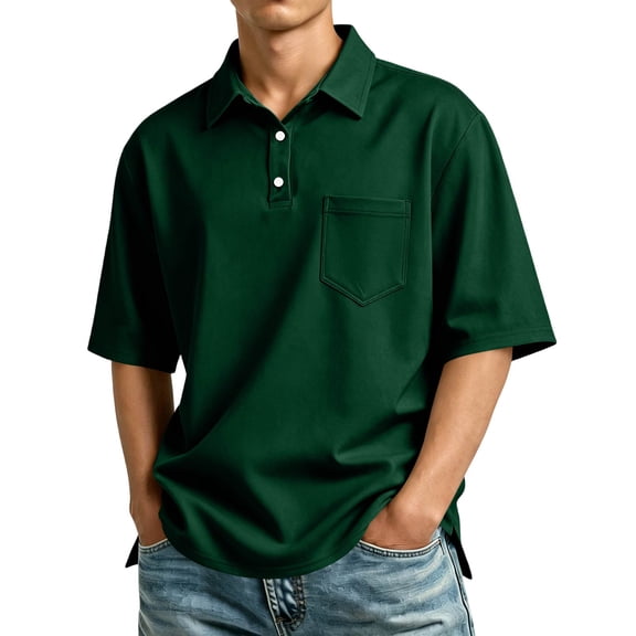 Domzest Mens Polo Shirts with Chest Pocket Short Sleeve Collared Golf Shirt Button Up Breathable Lightweight Casual Basic Tees Dark Green 3XL