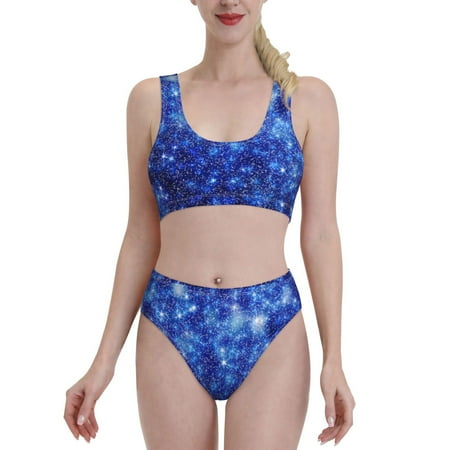 Bixox Blurred Star Snow Christmas Pattern Two-Piece Sports Bikini with U-Shaped Top and High-Waist Bottom - Women s Swimwear with Removable Bra Pads