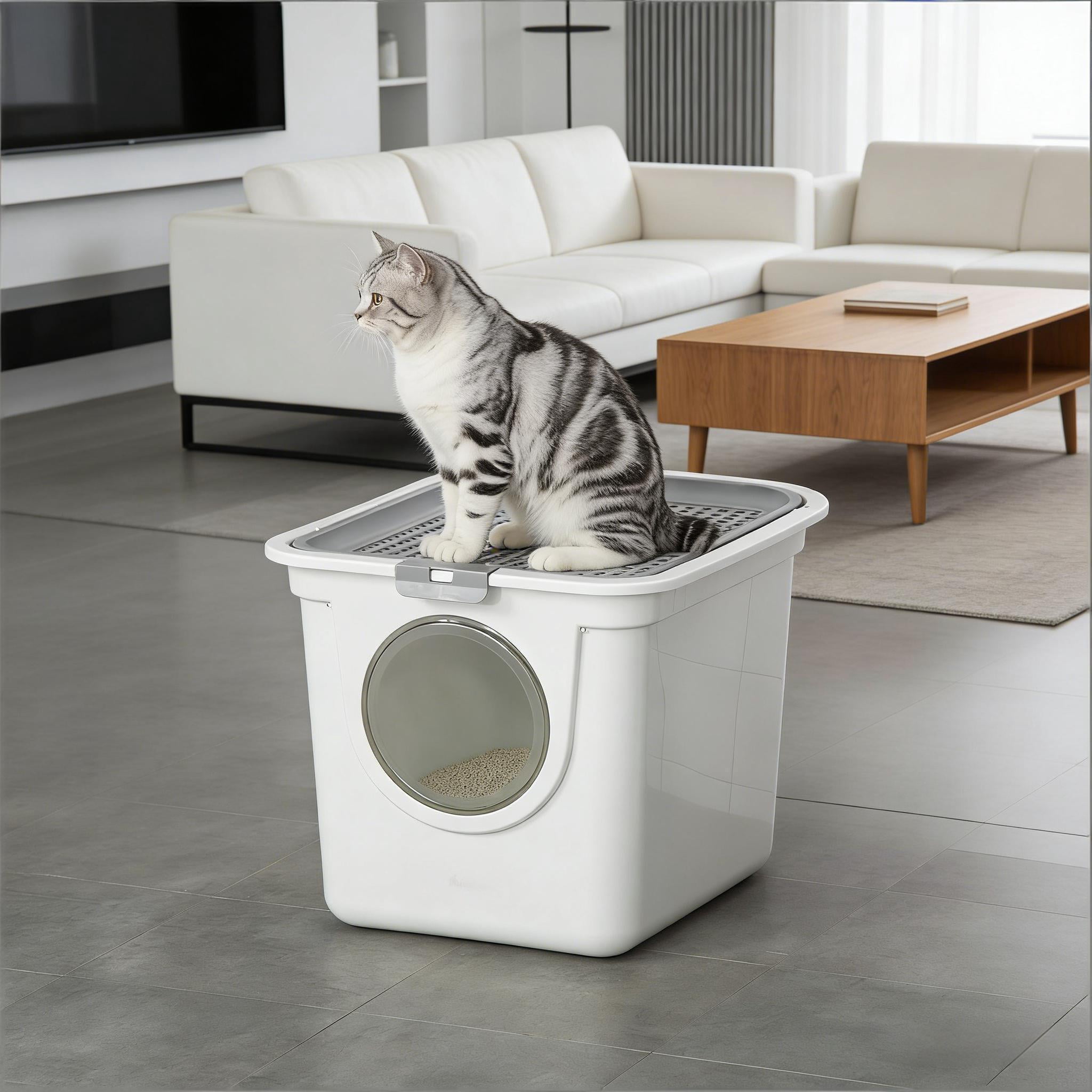 Enclosed Cat Litter Box with Front Entry & Top Exit, Ventilated PE Litter Box, with Scoop & Pull-out Tray, for Cats Under 10 lbs