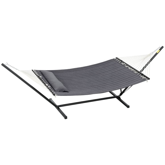 Hamac Double Matelassé pour 2 Personnes avec Support en Acier Portable, Mélange Coton-Polyester avec Oreiller et Barres d'Écartement, Gris Foncé, pour Cour Arrière, Patio, Camping et Plage, 145 Pouces L