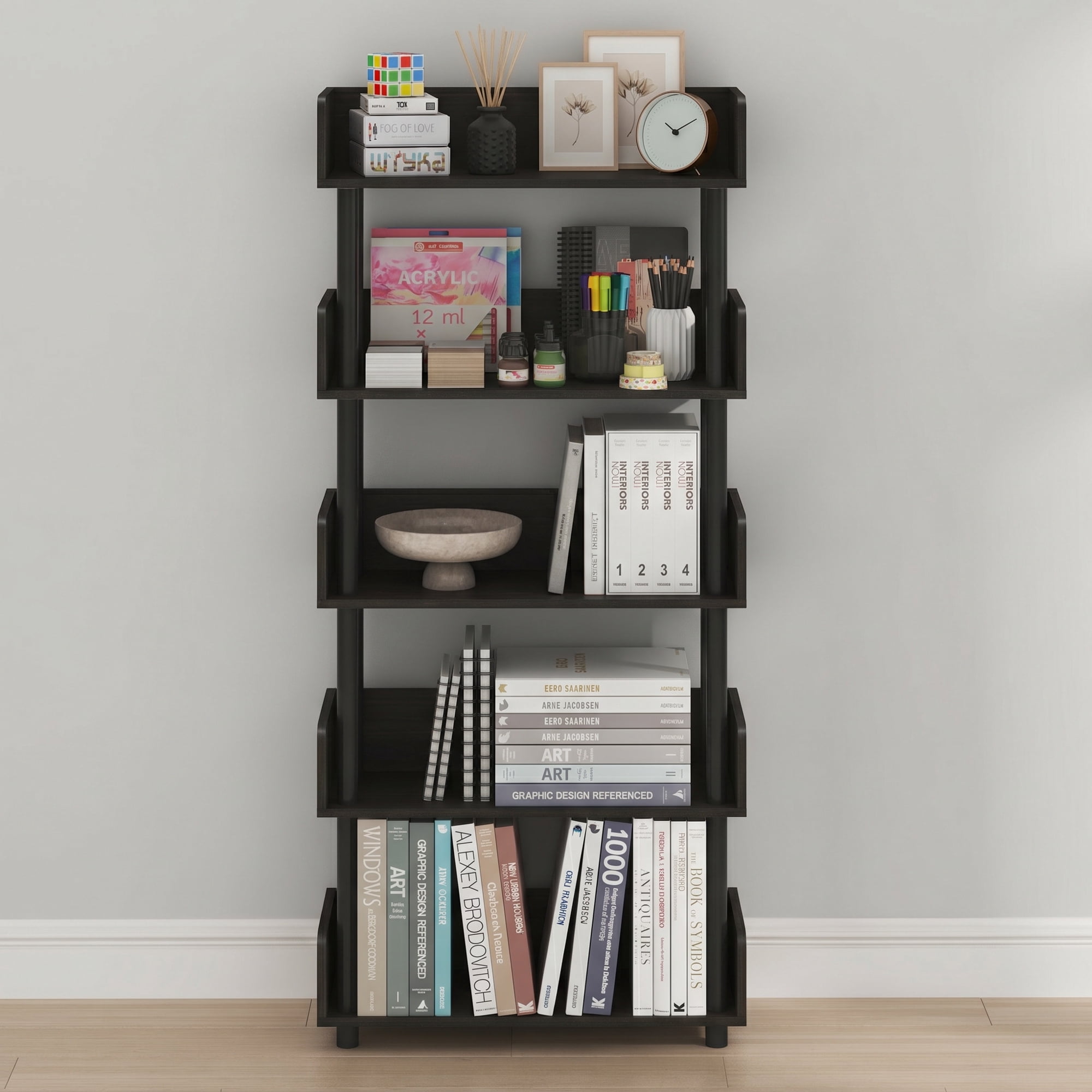 Furinno TURN-N-TUBE Book Shelf, 5-Tier Bookshelf, Bookcases, Storage Shelves with Rounded Corner Top Edges, 9.2 x 23.6 x 52.6, for Organization and Storage, Living Room, Home Office, Espresso