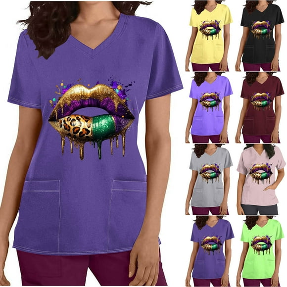 Frostluinai Happy Mardi Gras Shirt Womens V Neck Short Sleeve Graphic Tees Working Nursing Uniforms Fancy Mask Printed Scrubs Tops Pocket