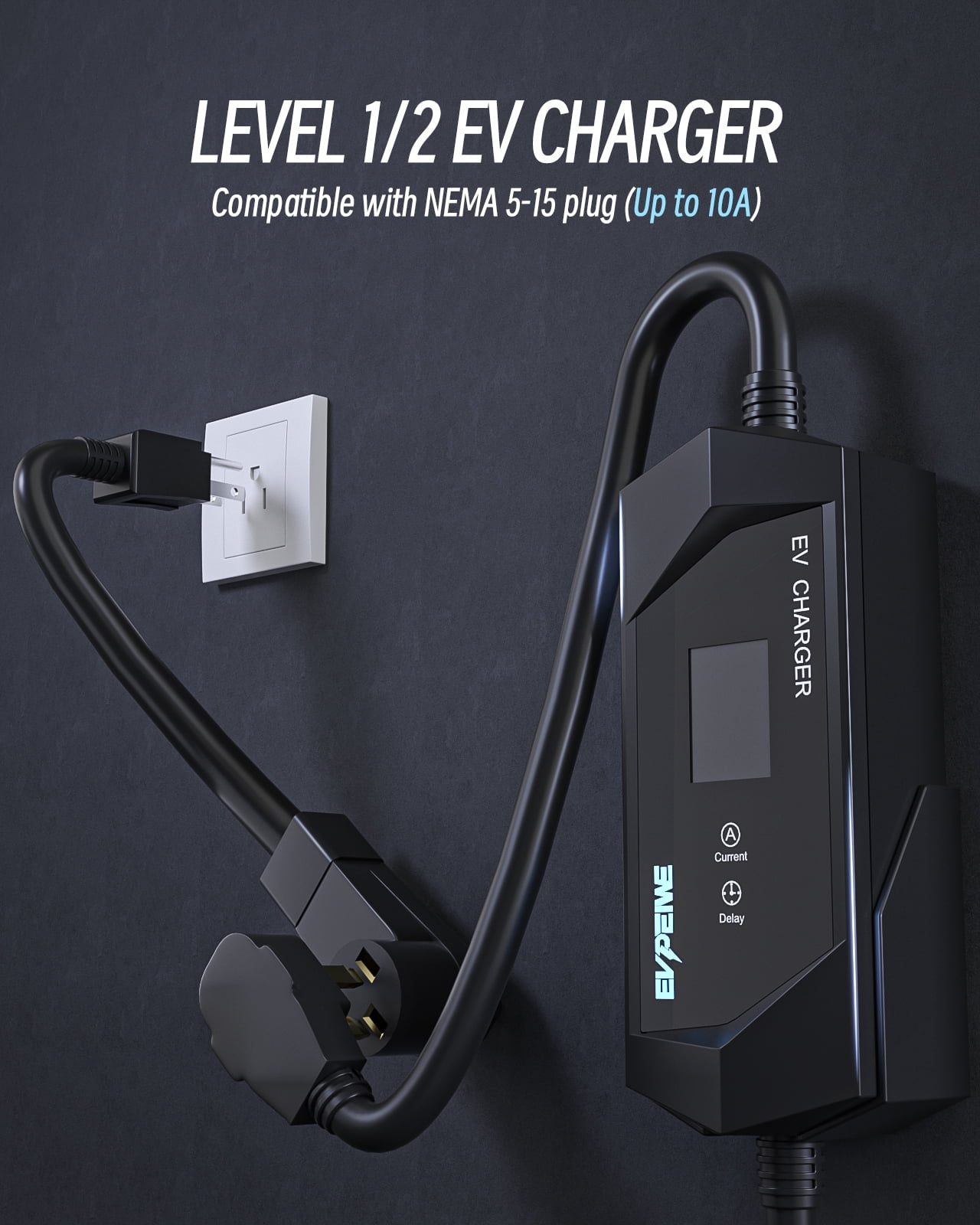 EVPEIWE,240V /40A J1772 Level 1/2 EV Charger 25ft, Portable EV Charger with NEMA 14-50/NEMA 5-15 Plug