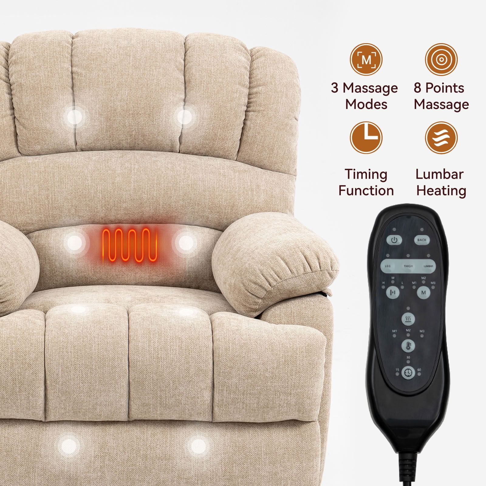 MAYEERTY Oversized Power Lift Recliner Chair, Chenille Electric Lift Chair with 8-Point Vibration Massage & Lumbar Heat, USB Port, for Living Room Elderly