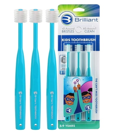 Brilliant Kids Toothbrush for Ages 5-9 Child, Round Head, Soft Bristles, Teal, 3 Pack