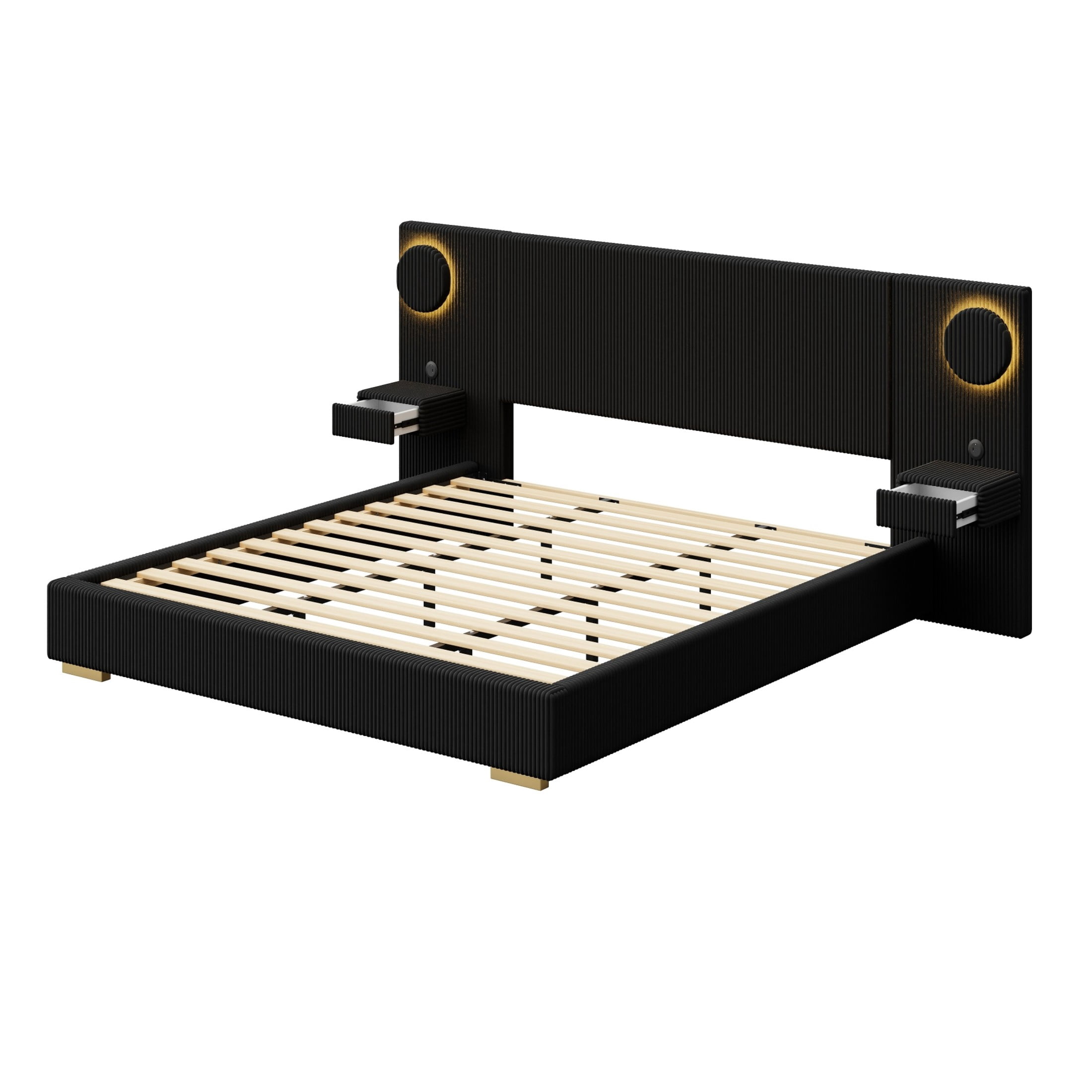 Noble House Dellas King Size Upholstered Platform Bed with LED Lights, Charging Ports & Side Storage Drawers, Black