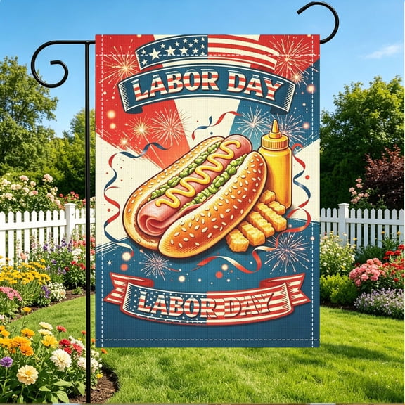 12x18 Inch Double Sided Labor Day Garden Flag, American Style Hot Dog Print Yard Decor, Festival Party & Holiday Gift (Flagpole Not Included)