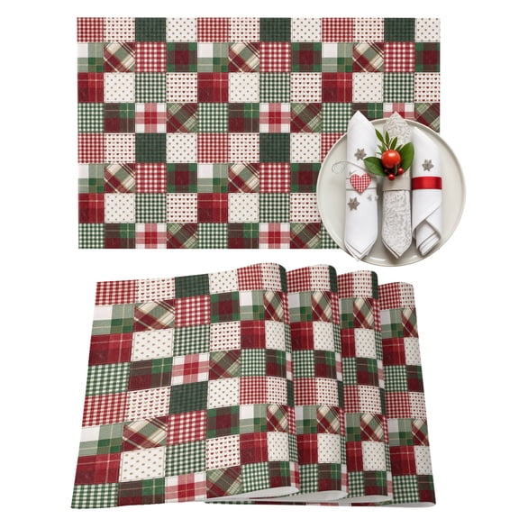 Christmas Patchwork Placemats Set of 6, Country Farmhouse Red Green Dot Plaid Gingham Heat Insulated Linen Place Mats, Washable Stain-Proof Table Mats for Dining Tables Holiday Decor 13x19 Inches