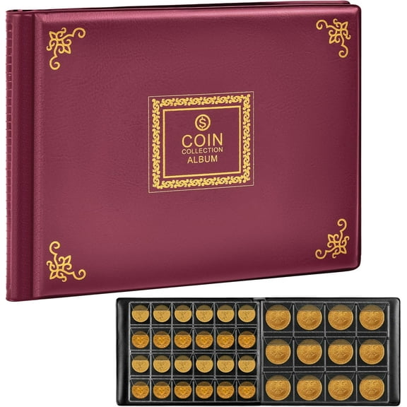 Burgundy Vintage Pattern 300 Pockets Coin Collection Holder Book for Coins