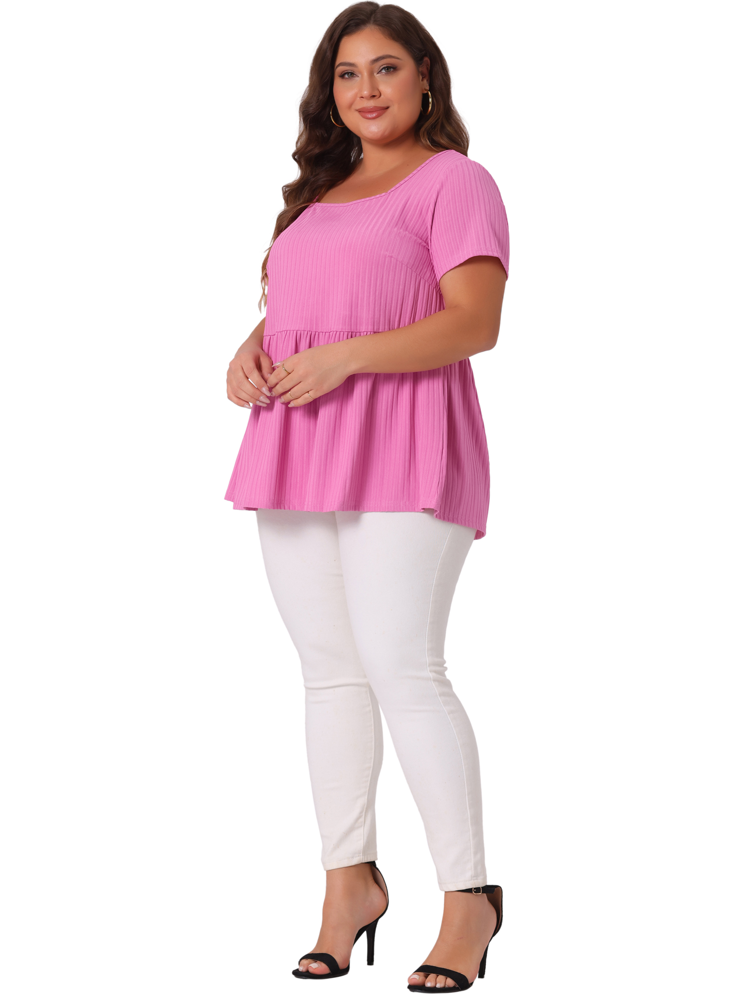 DARING DIVA Women's Plus T-Shirts Square Neck Peplum Short Sleeve Tops 3X Dark Pink