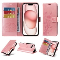 Compatible with iPhone 15 Plus Wallet Case with Card Holder & Cash Slot [RFID Blocking],Wallet Wristlet Pressed Butterfly Flower PU Leather Magnetic Flip Folio Cover for Women Men,Pink