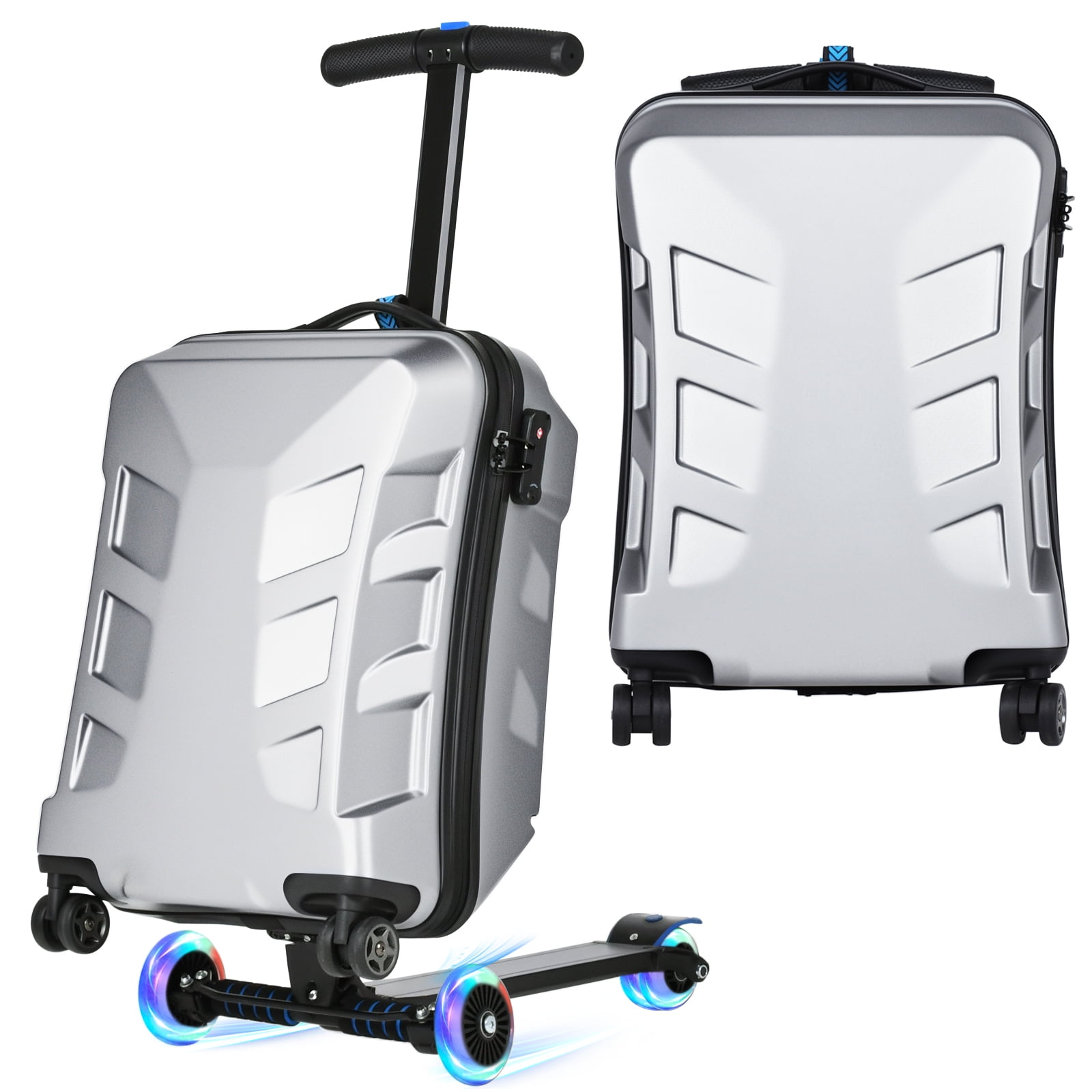 Advwin Scooter Suitcase for Kids & Adults, 3-D Hardshell Ride On Scooter Luggage with LED Light Up Wheels, TSA Lock, Lightweight Foldable Carry On Rideable Suitcase for Children Teenagers, Silver