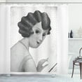 thumbnail image 1 of Retro Shower Curtain, Hand Drawn Lady Looking Over Her Shoulders with Wavy Hair Halftone Style, Fabric Bathroom Set with Hooks, 69W X 84L Inches Extra Long, Black Grey and White, by Ambesonne, 1 of 3