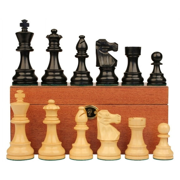 French Lardy Staunton Chess Set Ebonized & Boxwood Pieces with Mahogany Chess Box - 3.75" King