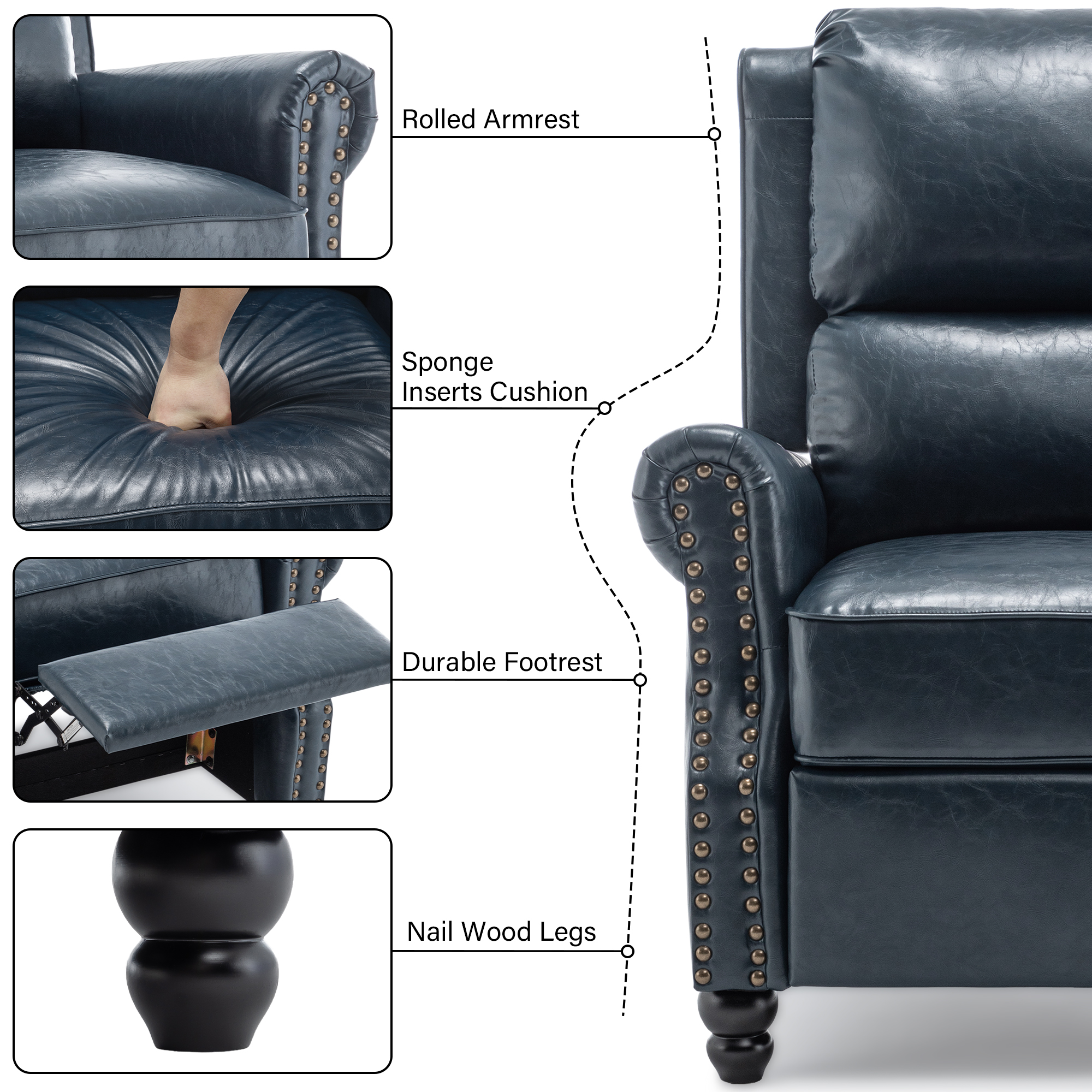 DREAMSIDEA Pushback Recliner Chair Faux Leather Wingback Chair Home Theater Single Sofa for Living Room, Navy Blue