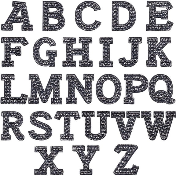 1box 26pcs Glitter Alphabet Patches Black Rhinestone Iron On Patch A-Z Sew On Patches Bling Letter Applique Alphabet Stickers Embroidered Patches for Hats Shirts Shoes Jeans Bags Crafts
