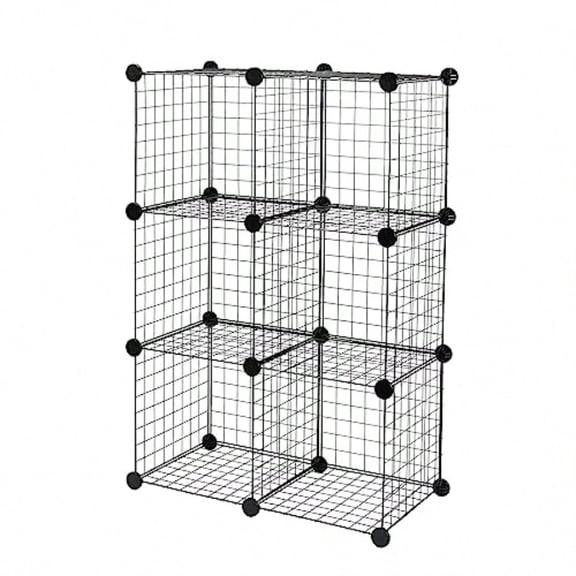 6-Cube Wire Grid Stackable Storage Organizer Metal Shelving Unit No-Tool Assembly 26"W x 38"H x 12.6"D Black