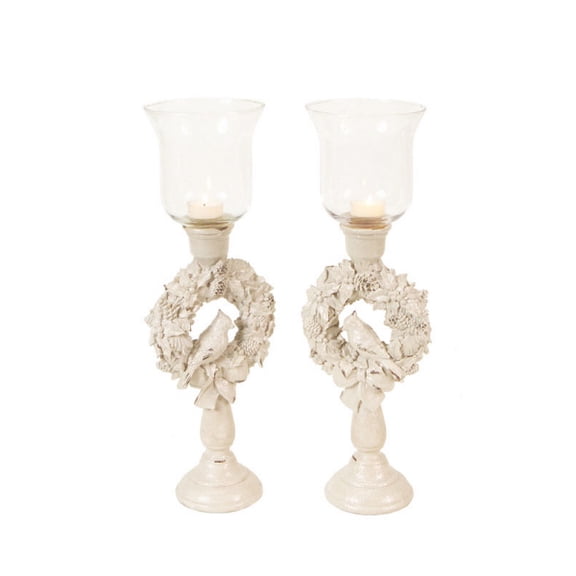 CC Christmas Decor Set of 2 Winter Solace Bird in a Christmas Wreath Glass Candle Holders 18"