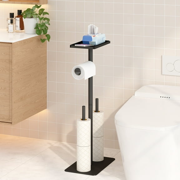 Yoneston Toilet Paper Holder with Large Top Tray, Rustproof Metal Toilet Paper Roll Stand Holds 5 Rolls and Phone & Small Items for Bathroom, Black