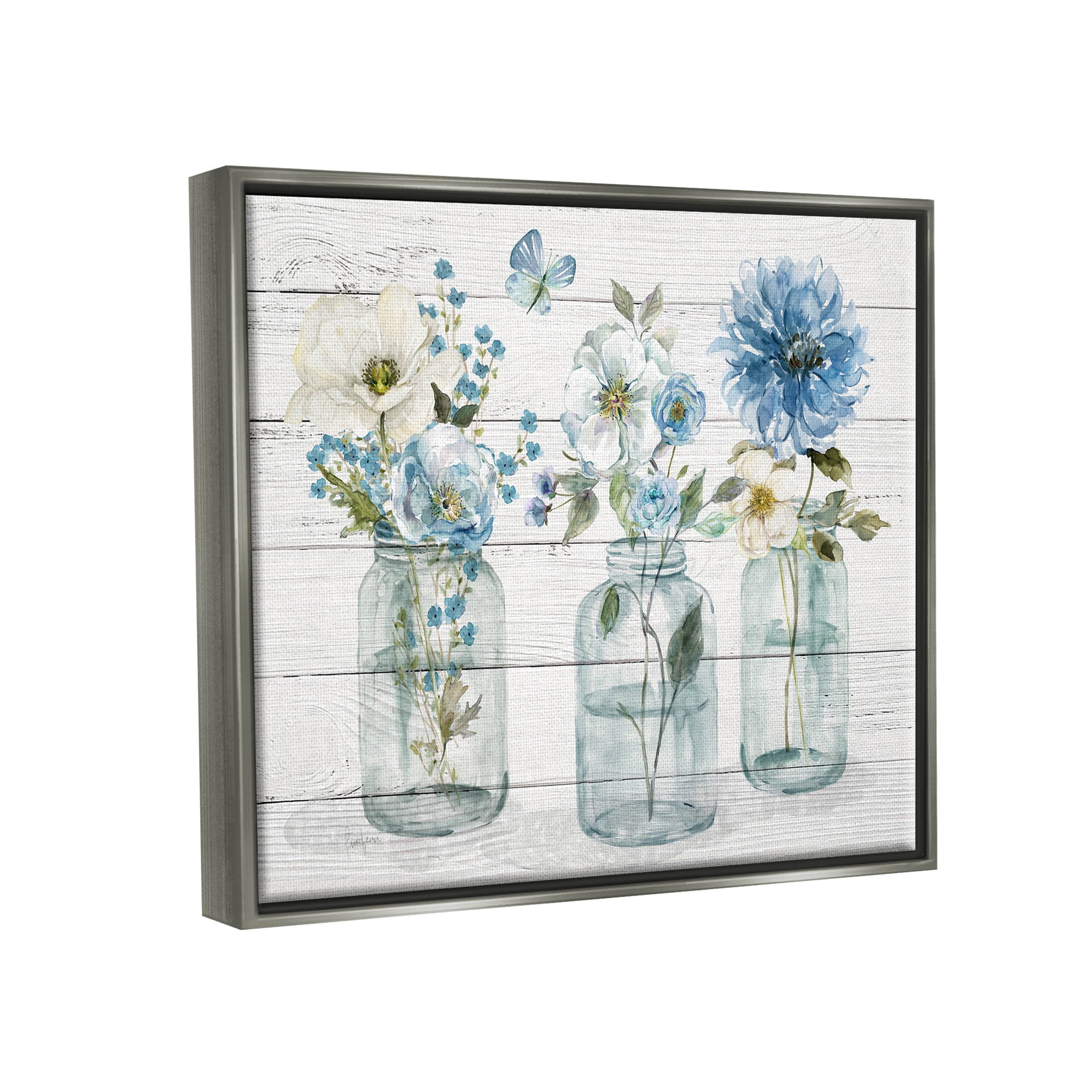 Blue Country Jar Bouquets Botanical & Floral Graphic Art Luster Gray Framed Art Print Wall Art