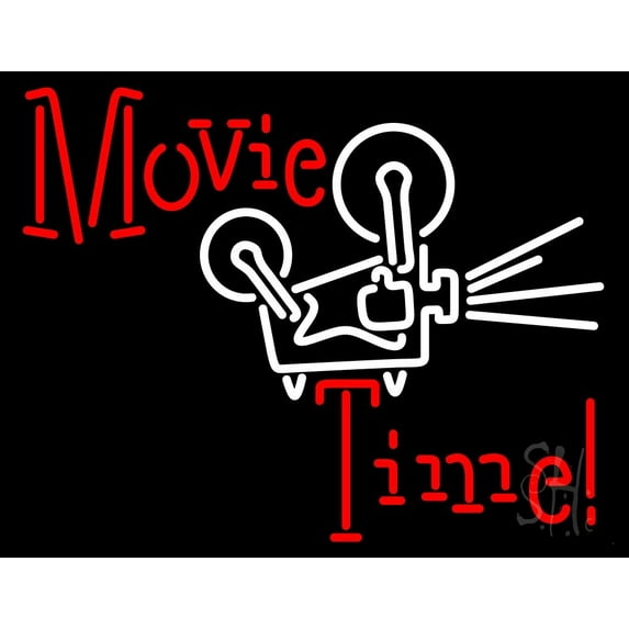 Movie Time With Logo LED Neon Sign 15" Tall x 19" Wide - inches Black Square Cut Acrylic Backing, with Dimmer - Premium built indoor Sign for Storefront, Store interior, Café, Events, Cinema.