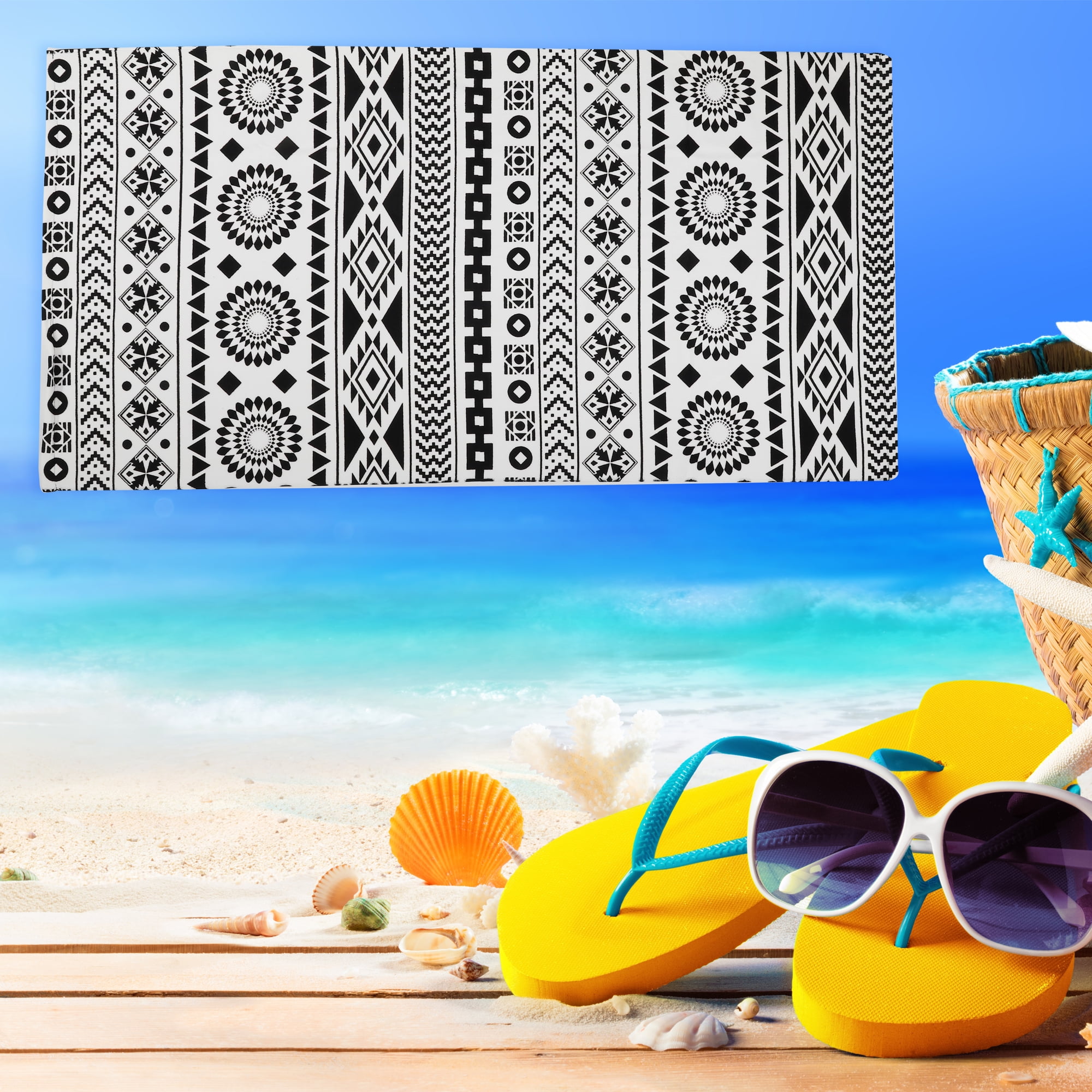 Unique Bargains Soft Absorbent Beach Towel Geometry Pattern Black White 59"x30" 1 Pc