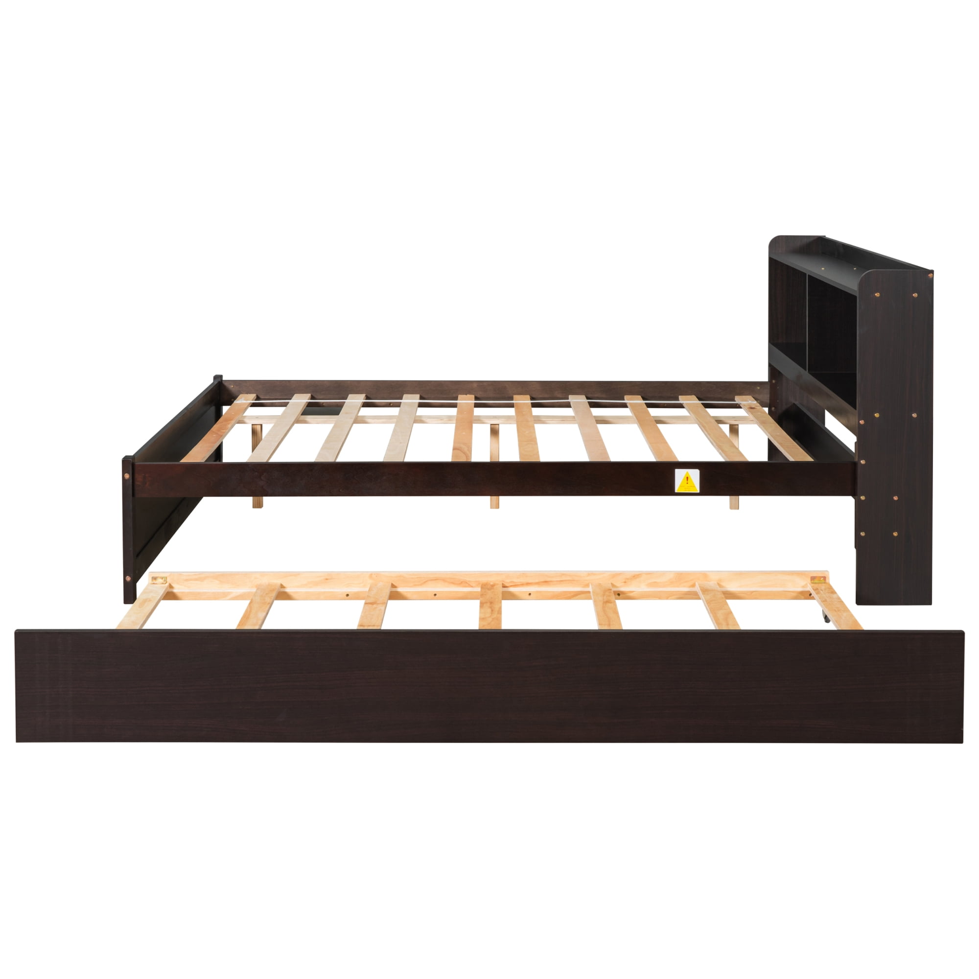 Leumius Full Size Bed with Trundle and Bookcase Headboard for Boys Girls Espresso