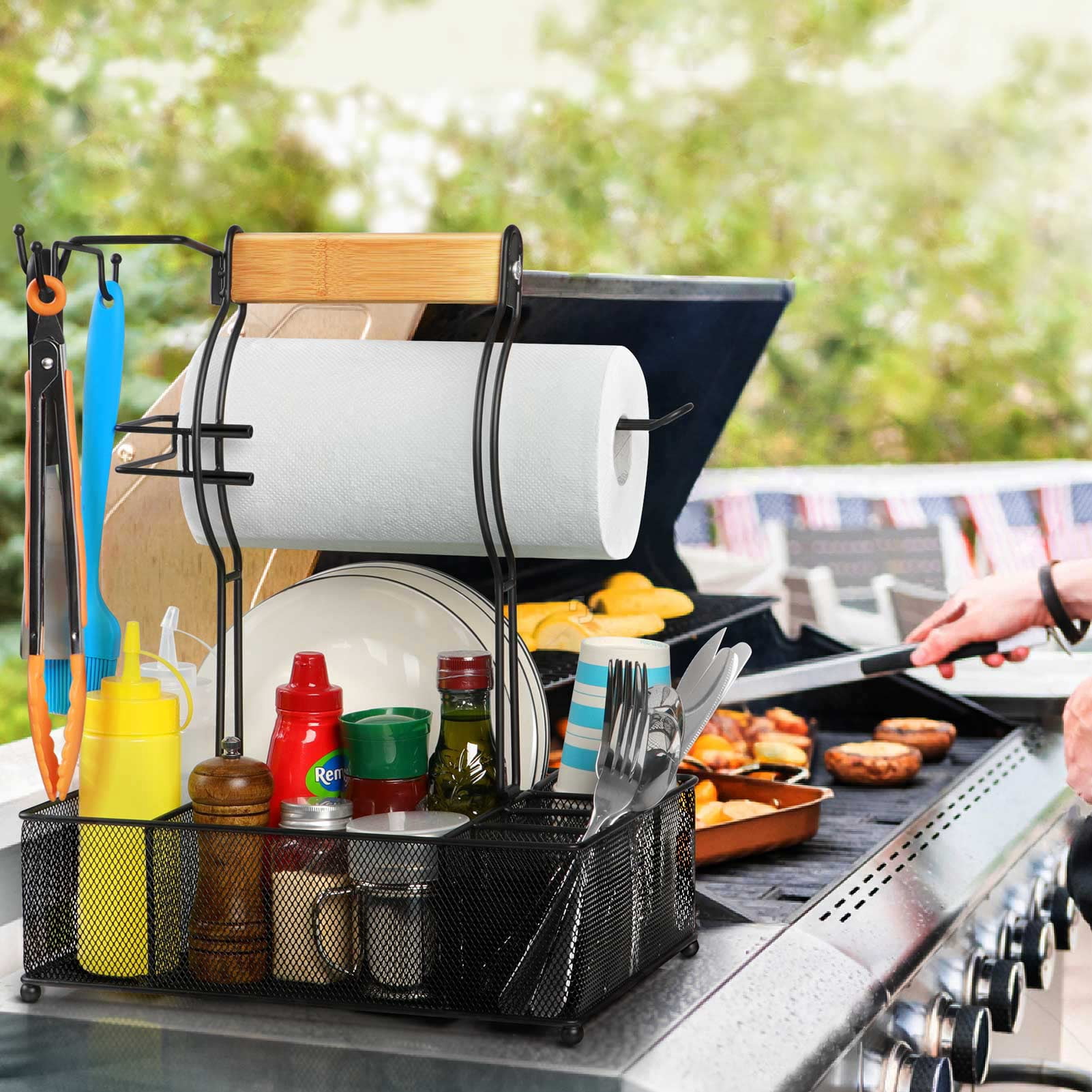 FANGSUN Grill Utensil Caddy, Picnic Caddy with Paper Towel Roll Holder
