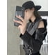thumbnail image 3 of Abrigo de piel de oveja auténtica negra recortada para mujer, tendencia 2024, chaqueta de cuero genuino para motocicleta con diseño de diamantes con volantes y mangas extraíbles, 3 of 4