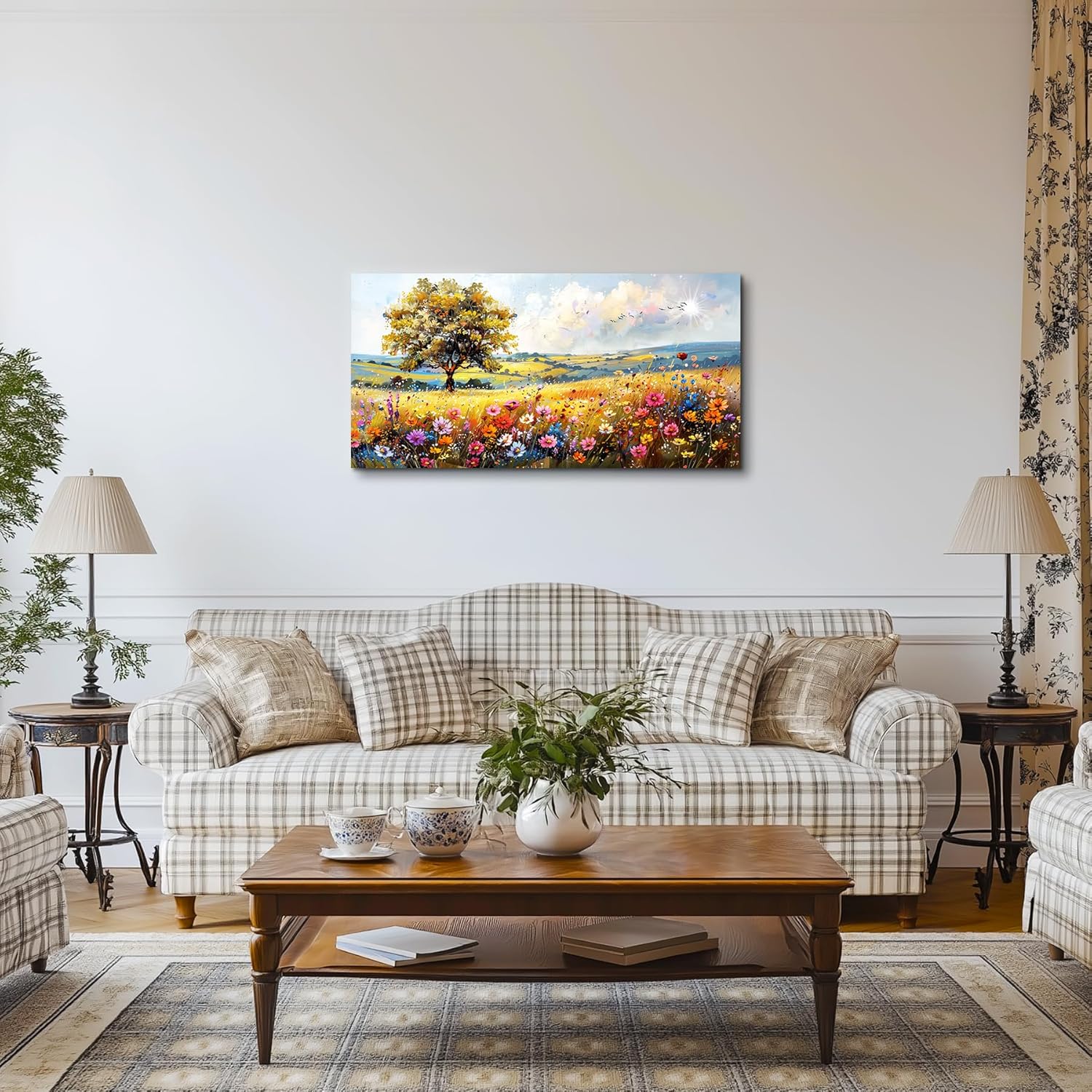 Tree Landscape Wall Art Print Country Wildflower Large Artwork Spring Colorful Scenery Painting for Living Room Bedroom Modern Rustic Farmhouse Decor - 20"x40"