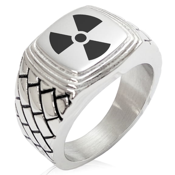 Stainless Steel Radioactive Geometric Pattern Step-Down Biker Style Polished Ring