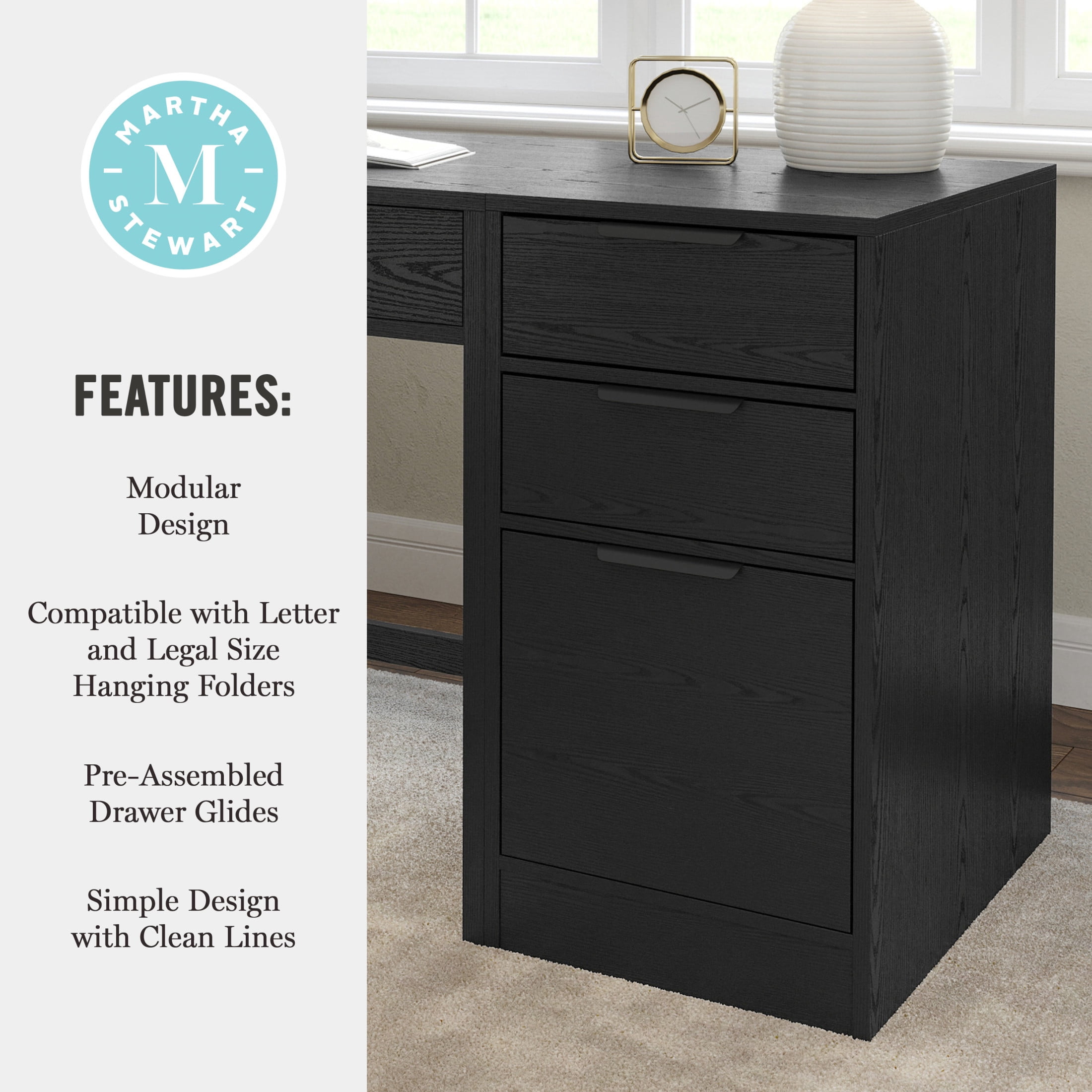 Martha Stewart Home Office Modular 3 Drawer File Cabinet in Black with Oil Rubbed Bronze Hardware