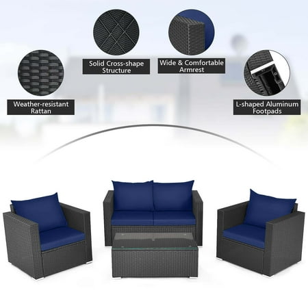 Costway 4 PCS Patio Rattan Furniture Set Cushioned Sofa Chair Coffee Table - Black,Blue