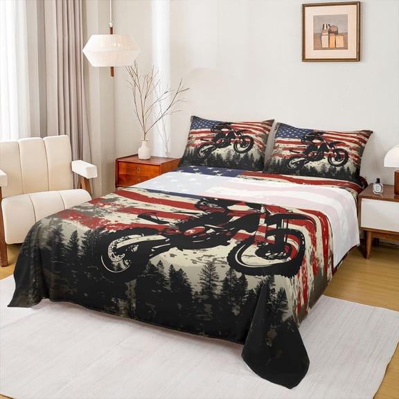 Feelyou Jungle Motorcycle Sport Full Size Sheets for Teen, Rustic Farmhouse Bed Sheets, Vintage American Flag Sheet Sets, Ultra Soft Bedroom Decor, 4 Pieces