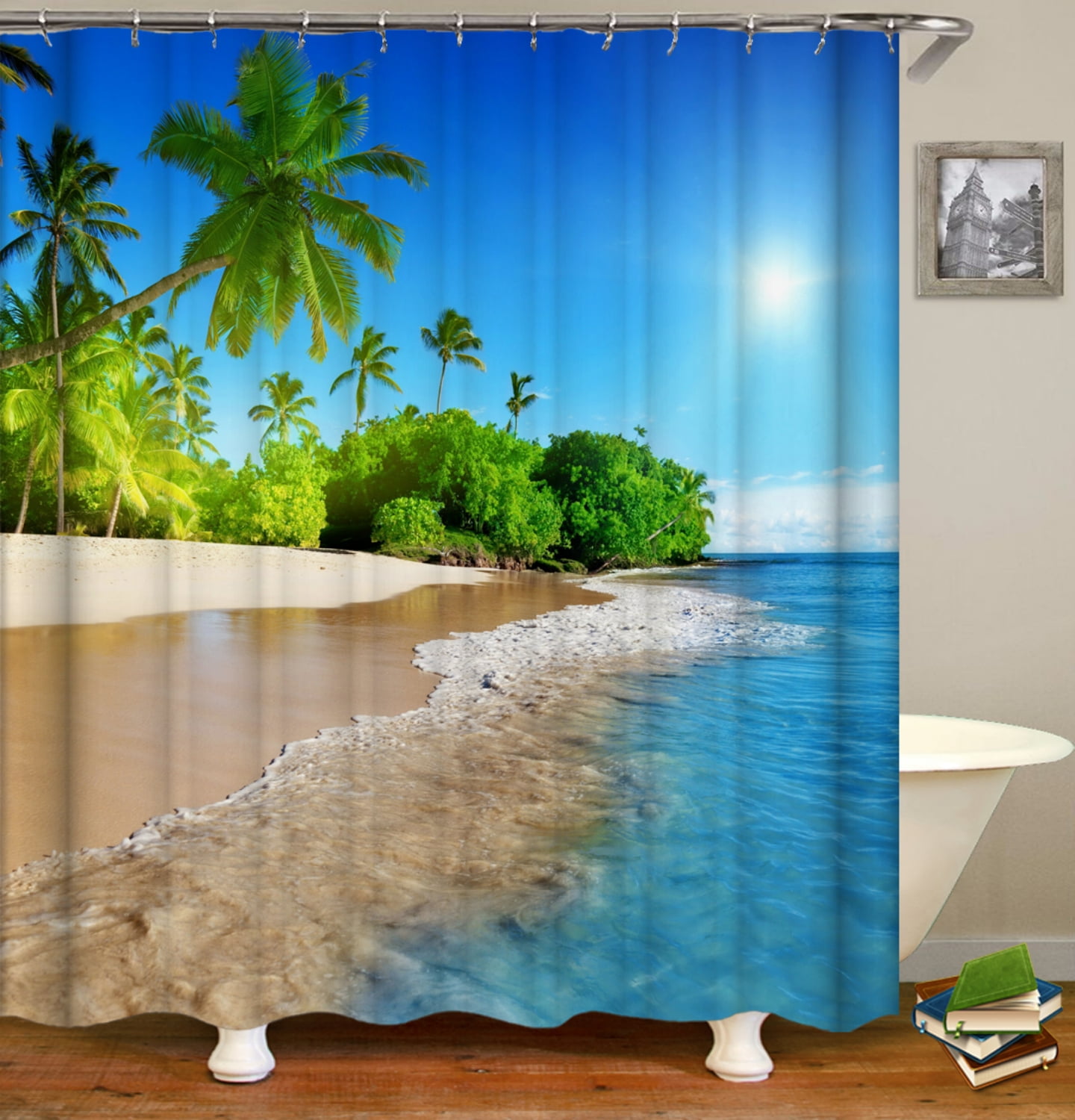 Tropical Beach Shower Curtain and Bath Rug Set 4 Pcs Fabric Palm Leaves Bathroom Curtain Set Decor 72x72 inches