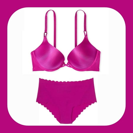 Victoria s Secret Matching Bra & Panty Set - 32D Bombshell Add 2 Cup Bra & Small Scallop No Show Cheeky Panty - Outrageous Pink