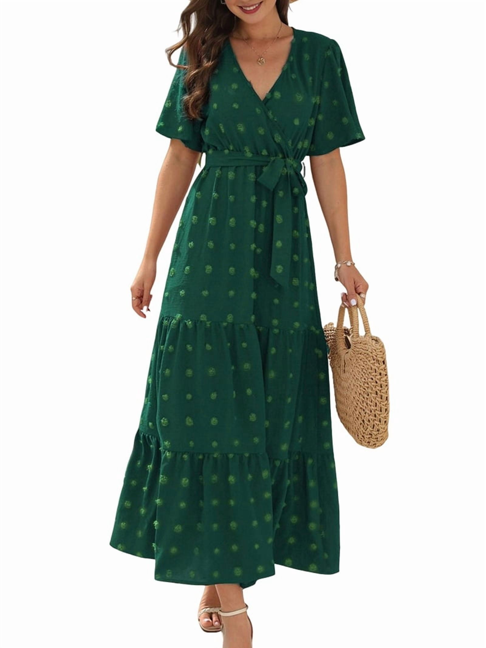 Boho Dot Summer Maxi Dresses for Women Wrap V Neck Short Sleeve Long Flowy Church Wedding Guest Dress Green L
