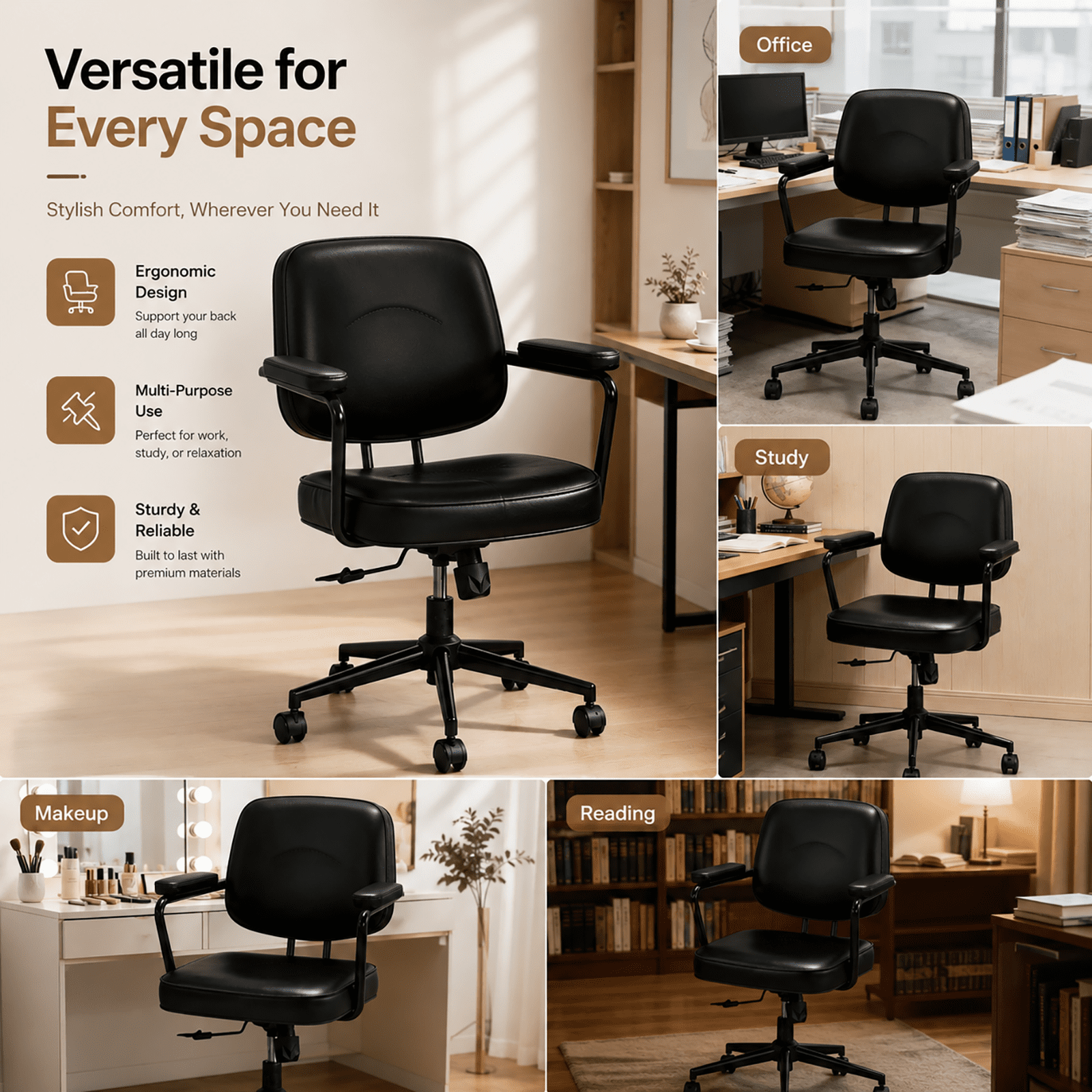Ergonomic Office Chair, PU Leather Executive Desk Chair with Fixed Armrests, Adjustable Height, Rocking Function, 360° Swivel Rolling Wheels Black