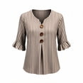 thumbnail image 2 of GERsome Women's V-Neck Button-Down Shirts with Ruffled 3/4 Sleeve Loose Fit Casual Striped Tops Khaki 2XL, 2 of 5