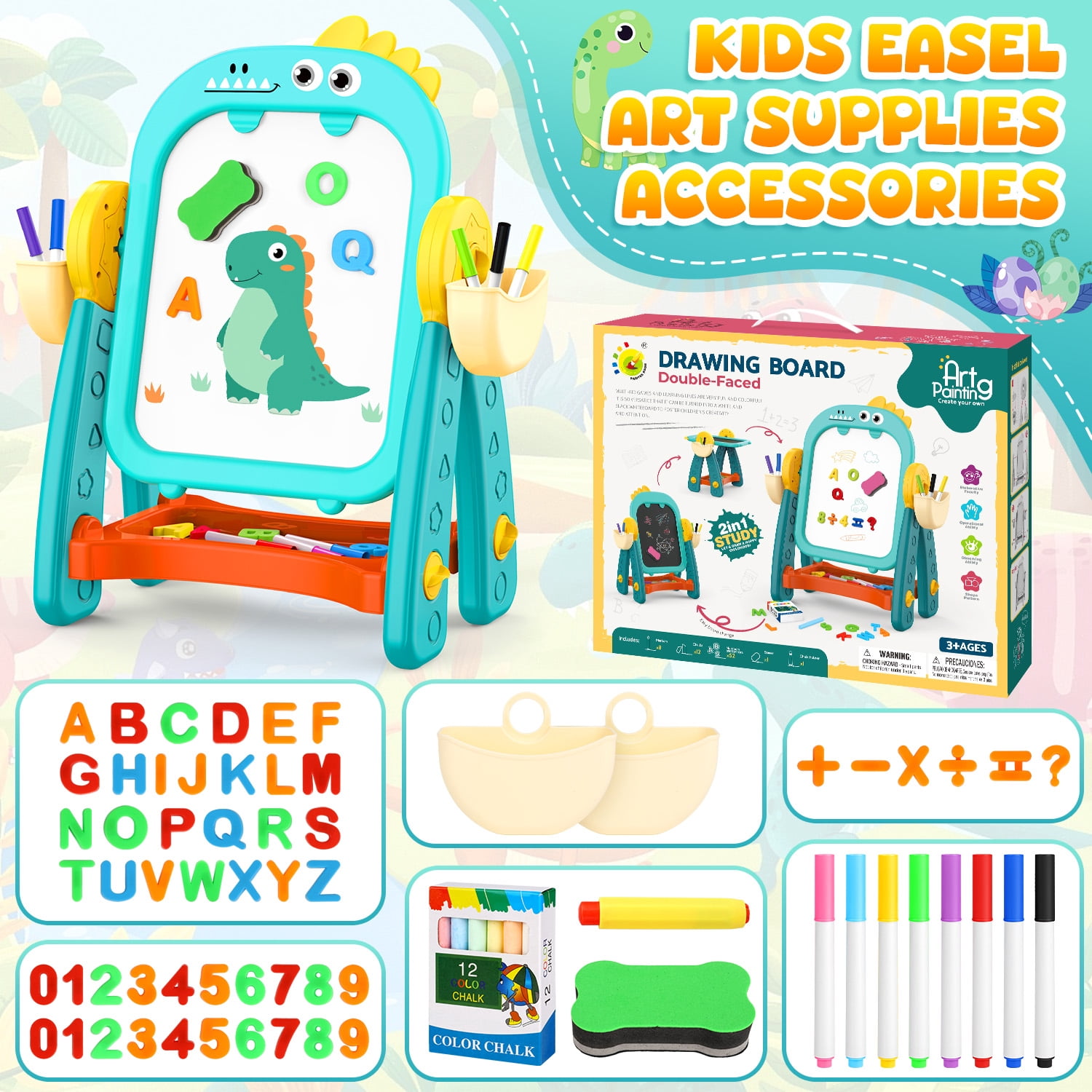Huge Wave Dinosaur Easel for Kids, Double Sided Chalkboard and Whiteboard, Learning Board Games, Christmas Birthday Gift for Boys Girls Age 2-6 Years Old