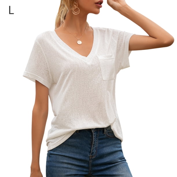 Camiseta con cuello en V Blusa de verano Color sólido Manga corta Mujer suelta Top, L, Blanco Vogacara AP001219-11