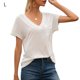 thumbnail image 1 of Camiseta con cuello en V Blusa de verano Color sólido Manga corta Mujer suelta Top, L, Blanco Vogacara AP001219-11, 1 of 7
