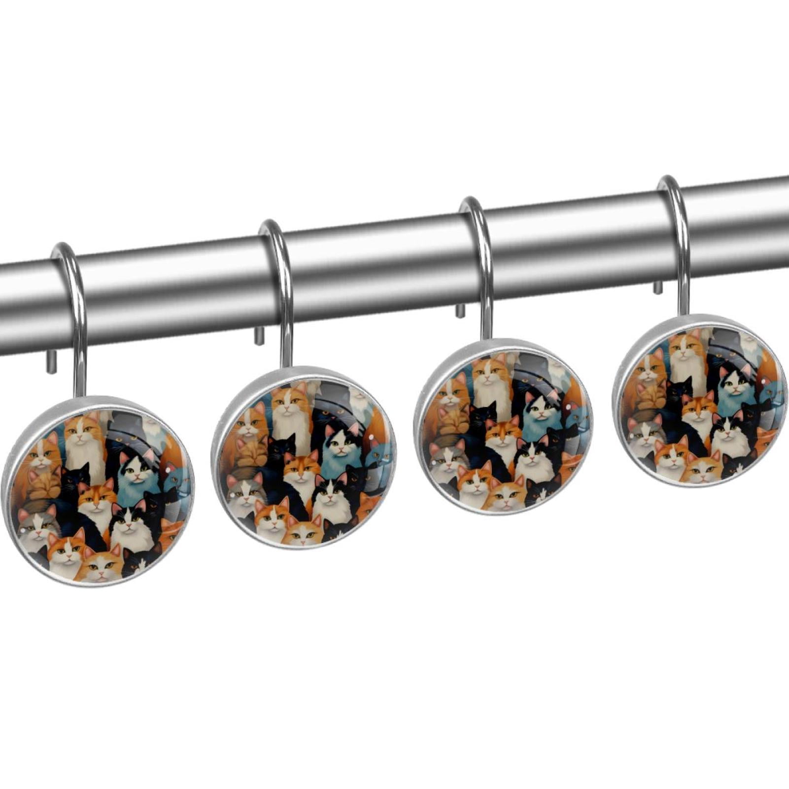 Cartoon Cat Shower Curtain Hooks （Set of 12） for Home Hotel Shower Rods Bathroom Crystal Glass Print Stainless Steel Round Curtain Hooks