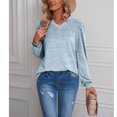 thumbnail image 2 of Camiseta básica azul claro para mujer, color puro, talla L, camisa abullonada de manga larga con cuello en V, 2 of 6