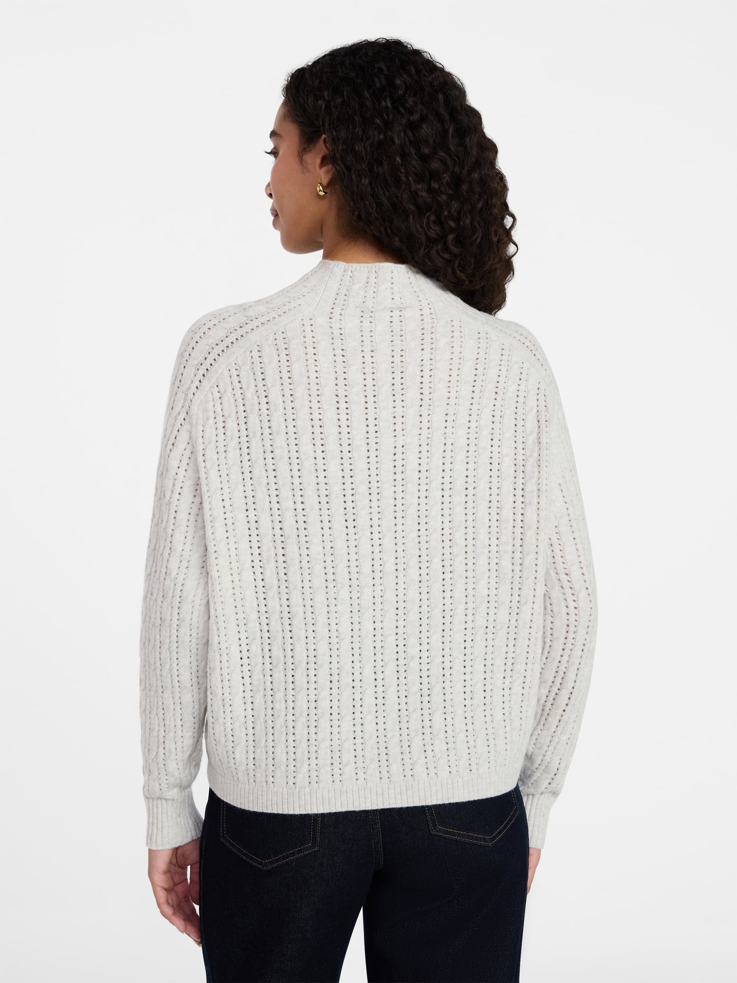 Time and Tru Women's Pointelle Mock Neck Sweater with Long Sleeves, Lightweight, Sizes, XS-XXXL